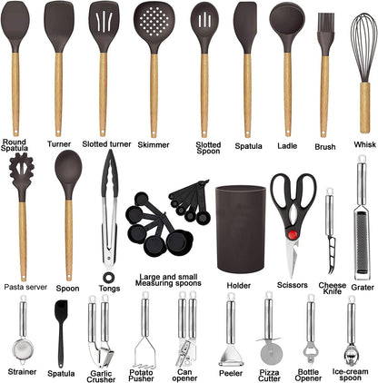 Cooking Utensils Set- 35 PCs Kitchen Utensils with Grater,Tongs, Spoon Spatula &Turner Made of Heat Resistant Food Grade Silicone and Wooden Handles Kitchen Gadgets Tools Set for Nonstick Cookware