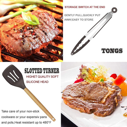 Cooking Utensils Set- 35 PCs Kitchen Utensils with Grater,Tongs, Spoon Spatula &Turner Made of Heat Resistant Food Grade Silicone and Wooden Handles Kitchen Gadgets Tools Set for Nonstick Cookware
