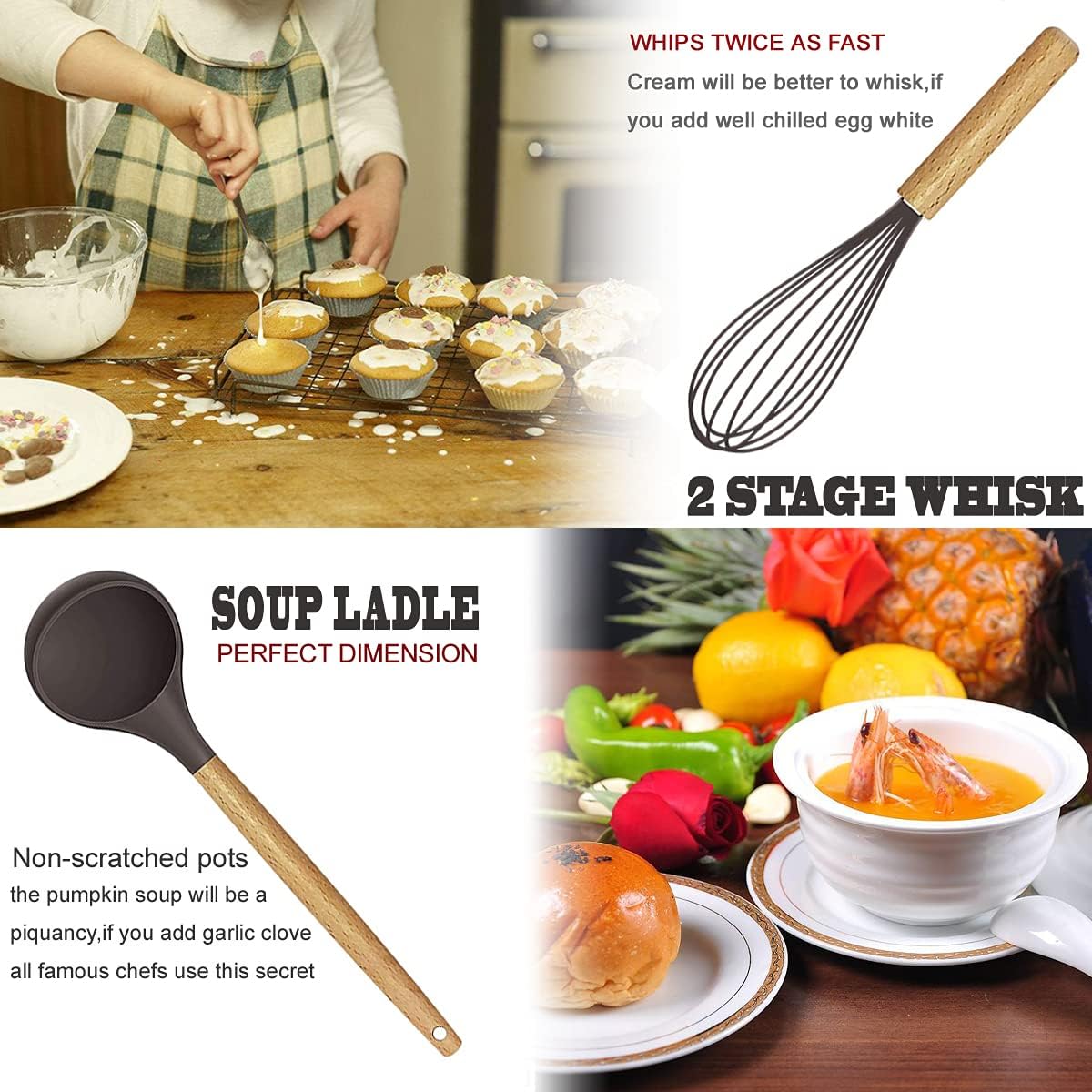 Cooking Utensils Set- 35 PCs Kitchen Utensils with Grater,Tongs, Spoon Spatula &Turner Made of Heat Resistant Food Grade Silicone and Wooden Handles Kitchen Gadgets Tools Set for Nonstick Cookware