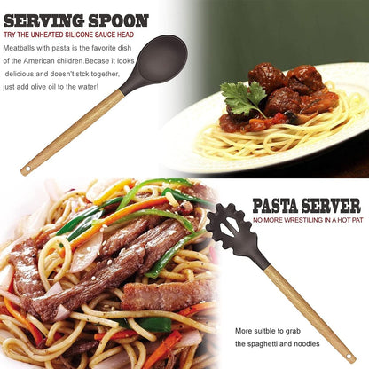 Cooking Utensils Set- 35 PCs Kitchen Utensils with Grater,Tongs, Spoon Spatula &Turner Made of Heat Resistant Food Grade Silicone and Wooden Handles Kitchen Gadgets Tools Set for Nonstick Cookware