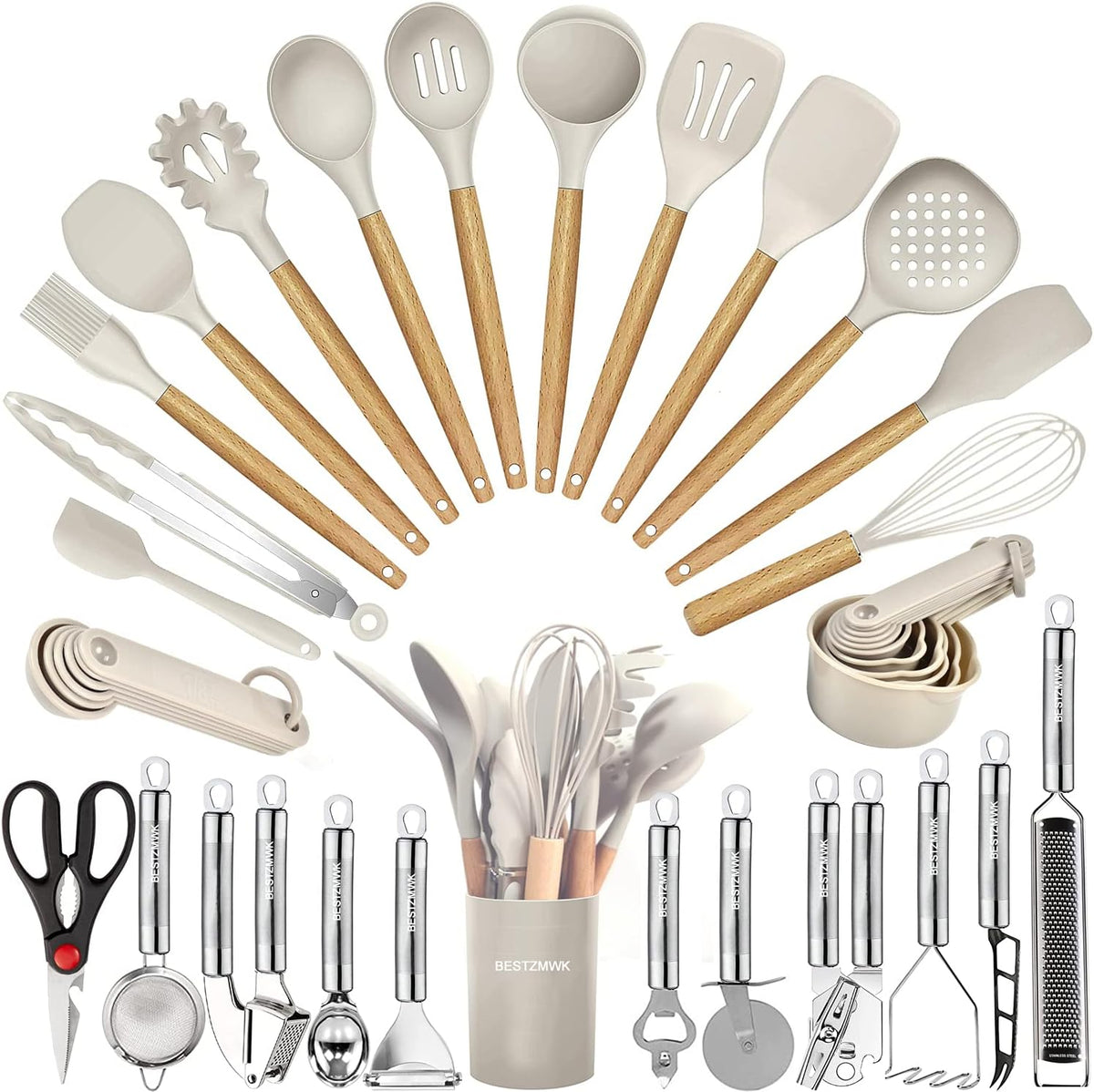 Cooking Utensils Set- 35 PCs Kitchen Utensils with Grater,Tongs, Spoon Spatula &Turner Made of Heat Resistant Food Grade Silicone and Wooden Handles Kitchen Gadgets Tools Set for Nonstick Cookware