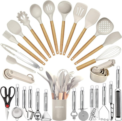Cooking Utensils Set- 35 PCs Kitchen Utensils with Grater,Tongs, Spoon Spatula &Turner Made of Heat Resistant Food Grade Silicone and Wooden Handles Kitchen Gadgets Tools Set for Nonstick Cookware
