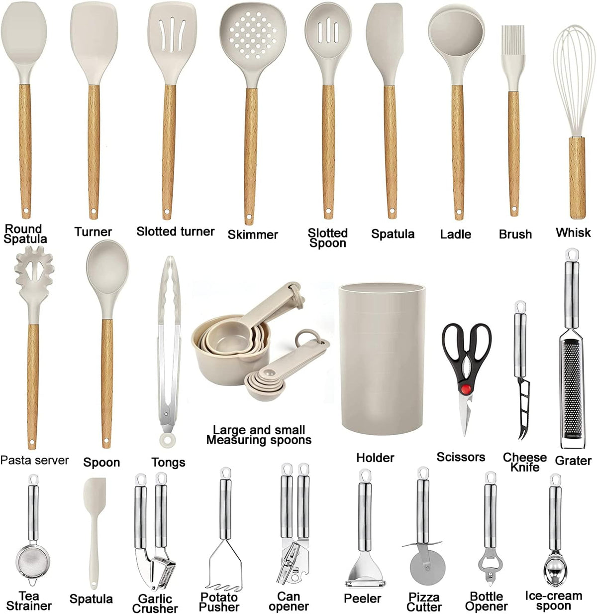Cooking Utensils Set- 35 PCs Kitchen Utensils with Grater,Tongs, Spoon Spatula &Turner Made of Heat Resistant Food Grade Silicone and Wooden Handles Kitchen Gadgets Tools Set for Nonstick Cookware