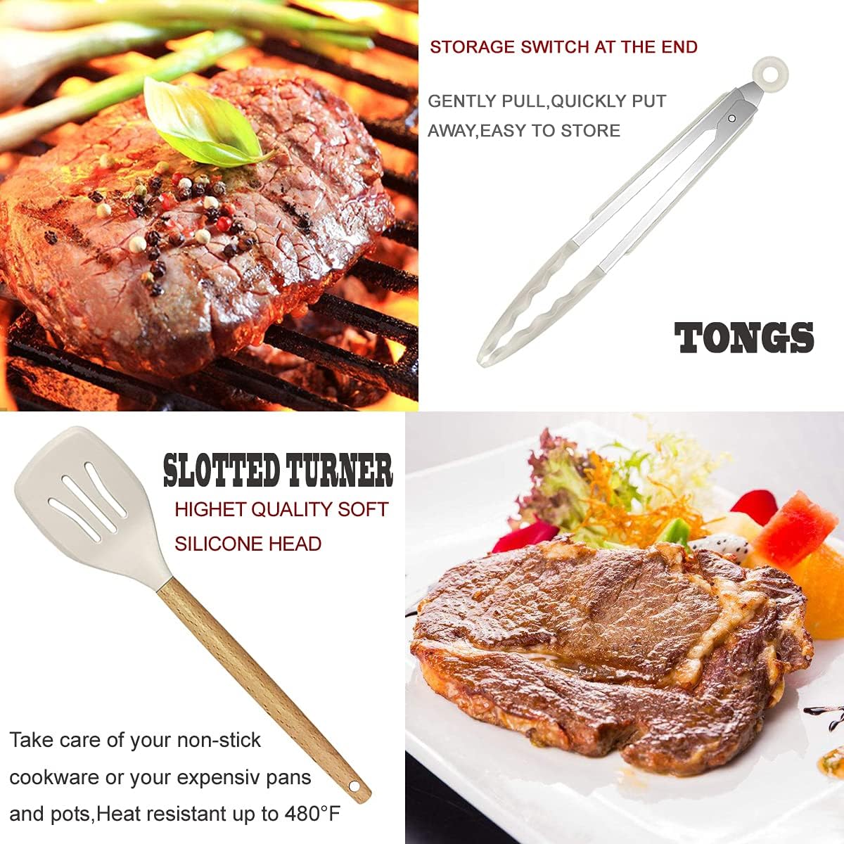 Cooking Utensils Set- 35 PCs Kitchen Utensils with Grater,Tongs, Spoon Spatula &Turner Made of Heat Resistant Food Grade Silicone and Wooden Handles Kitchen Gadgets Tools Set for Nonstick Cookware