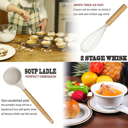 Cooking Utensils Set- 35 PCs Kitchen Utensils with Grater,Tongs, Spoon Spatula &Turner Made of Heat Resistant Food Grade Silicone and Wooden Handles Kitchen Gadgets Tools Set for Nonstick Cookware
