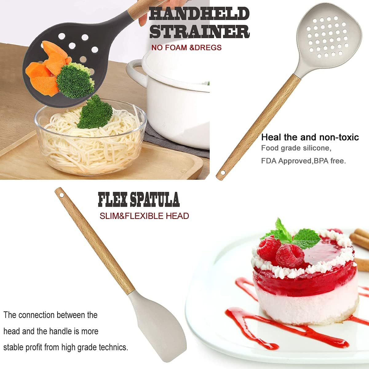 Cooking Utensils Set- 35 PCs Kitchen Utensils with Grater,Tongs, Spoon Spatula &Turner Made of Heat Resistant Food Grade Silicone and Wooden Handles Kitchen Gadgets Tools Set for Nonstick Cookware