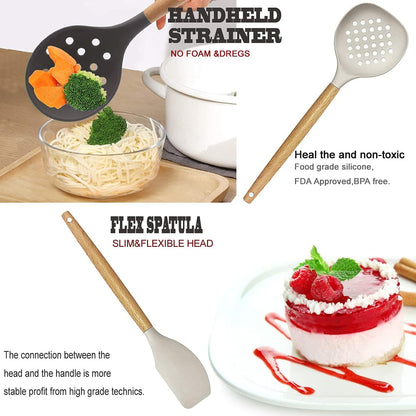 Cooking Utensils Set- 35 PCs Kitchen Utensils with Grater,Tongs, Spoon Spatula &Turner Made of Heat Resistant Food Grade Silicone and Wooden Handles Kitchen Gadgets Tools Set for Nonstick Cookware