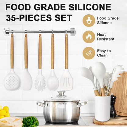 Cooking Utensils Set- 35 PCs Kitchen Utensils with Grater,Tongs, Spoon Spatula &Turner Made of Heat Resistant Food Grade Silicone and Wooden Handles Kitchen Gadgets Tools Set for Nonstick Cookware