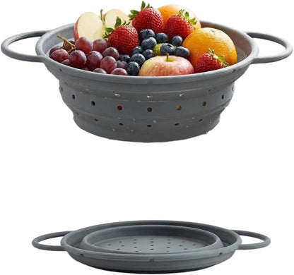 Collapsible Silicone Colander with Handles, Round Strainer with Stainless Steel Rim, Space Saving Kitchen Tool for Fruits & Vegetables,BPA-Free,Heat-Resistant Pasta Drainer(Gray, L)