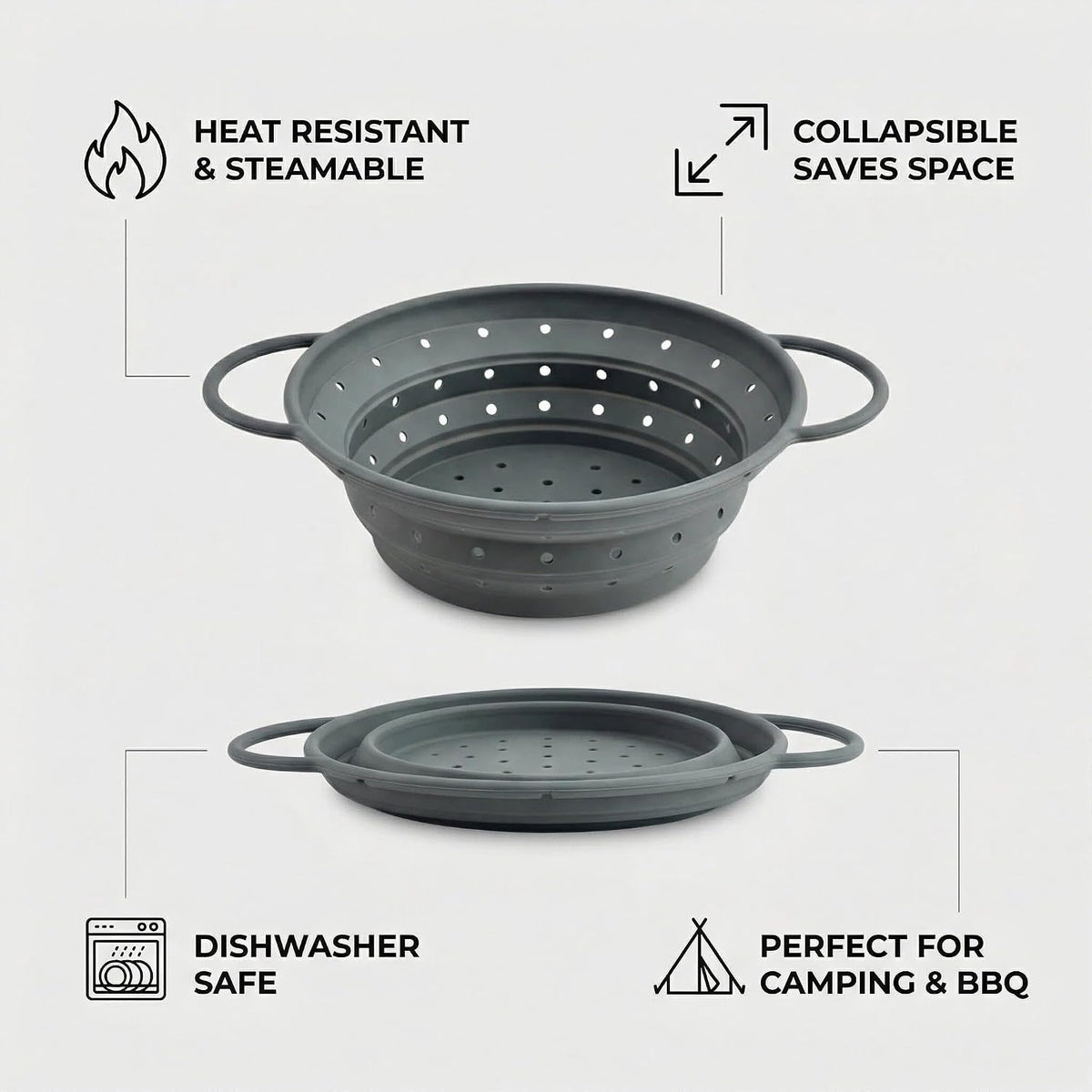 Collapsible Silicone Colander with Handles, Round Strainer with Stainless Steel Rim, Space Saving Kitchen Tool for Fruits & Vegetables,BPA-Free,Heat-Resistant Pasta Drainer(Gray, L)