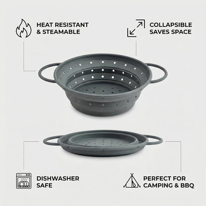 Collapsible Silicone Colander with Handles, Round Strainer with Stainless Steel Rim, Space Saving Kitchen Tool for Fruits & Vegetables,BPA-Free,Heat-Resistant Pasta Drainer(Gray, L)