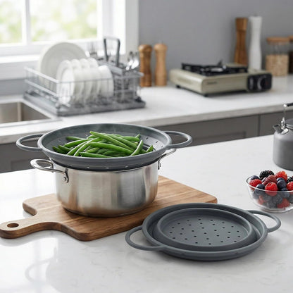 Collapsible Silicone Colander with Handles, Round Strainer with Stainless Steel Rim, Space Saving Kitchen Tool for Fruits & Vegetables,BPA-Free,Heat-Resistant Pasta Drainer(Gray, L)