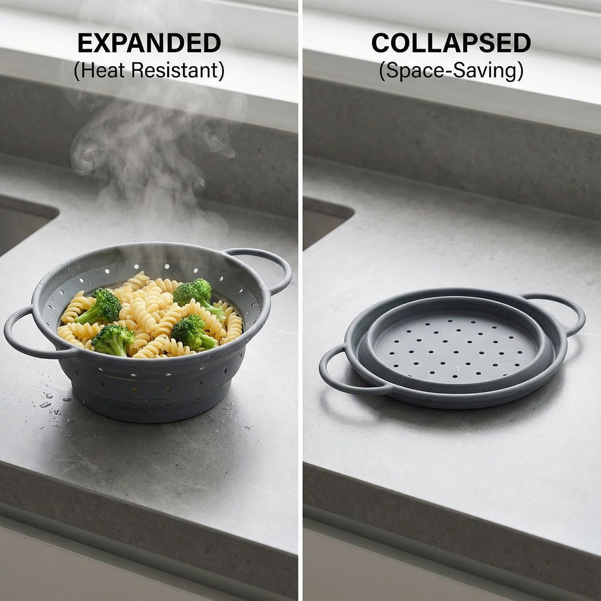 Collapsible Silicone Colander with Handles, Round Strainer with Stainless Steel Rim, Space Saving Kitchen Tool for Fruits & Vegetables,BPA-Free,Heat-Resistant Pasta Drainer(Gray, L)