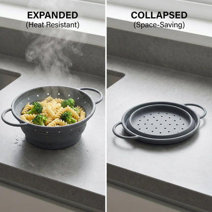Collapsible Silicone Colander with Handles, Round Strainer with Stainless Steel Rim, Space Saving Kitchen Tool for Fruits & Vegetables,BPA-Free,Heat-Resistant Pasta Drainer(Gray, L)