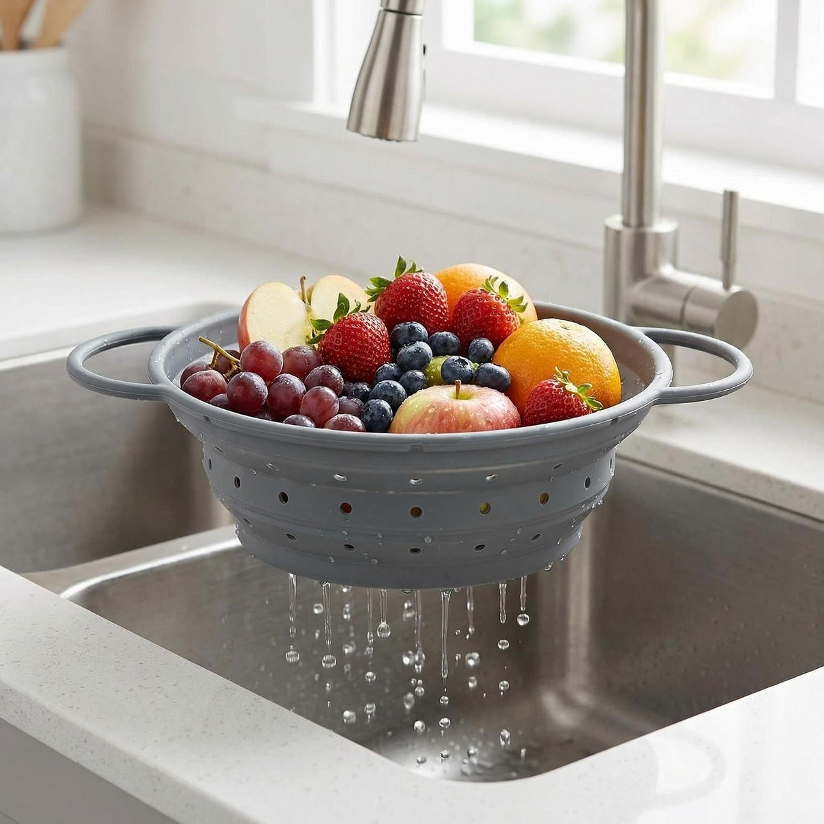 Collapsible Silicone Colander with Handles, Round Strainer with Stainless Steel Rim, Space Saving Kitchen Tool for Fruits & Vegetables,BPA-Free,Heat-Resistant Pasta Drainer(Gray, L)