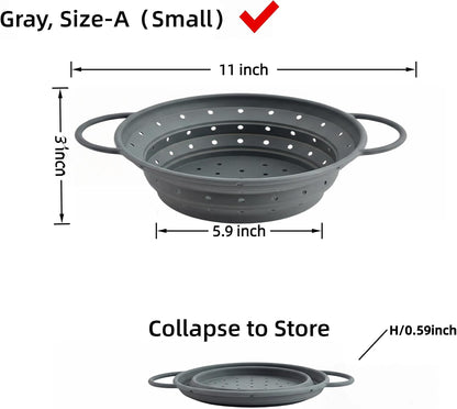 Collapsible Silicone Colander with Handles, Round Strainer with Stainless Steel Rim, Space Saving Kitchen Tool for Fruits & Vegetables,BPA-Free,Heat-Resistant Pasta Drainer(Gray, L)