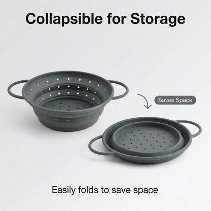 Collapsible Silicone Colander with Handles, Round Strainer with Stainless Steel Rim, Space Saving Kitchen Tool for Fruits & Vegetables,BPA-Free,Heat-Resistant Pasta Drainer(Gray, L)
