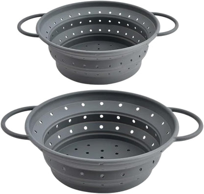Collapsible Silicone Colander with Handles, Round Strainer with Stainless Steel Rim, Space Saving Kitchen Tool for Fruits & Vegetables,BPA-Free,Heat-Resistant Pasta Drainer(Gray, L)