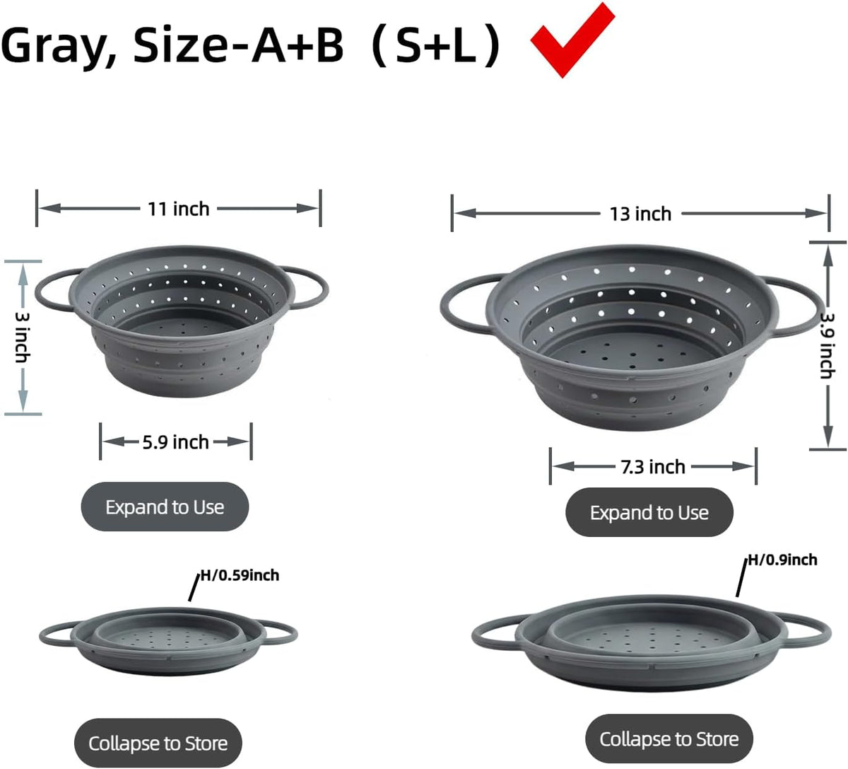 Collapsible Silicone Colander with Handles, Round Strainer with Stainless Steel Rim, Space Saving Kitchen Tool for Fruits & Vegetables,BPA-Free,Heat-Resistant Pasta Drainer(Gray, L)