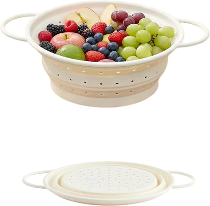Collapsible Silicone Colander with Handles, Round Strainer with Stainless Steel Rim, Space Saving Kitchen Tool for Fruits & Vegetables,BPA-Free,Heat-Resistant Pasta Drainer(Gray, L)