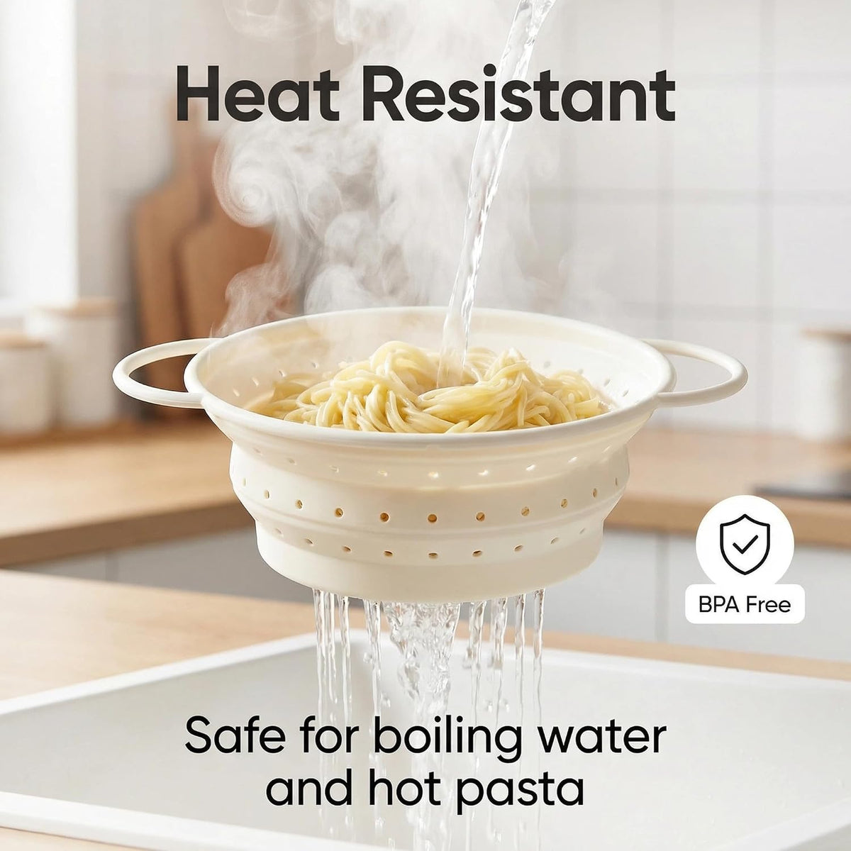 Collapsible Silicone Colander with Handles, Round Strainer with Stainless Steel Rim, Space Saving Kitchen Tool for Fruits & Vegetables,BPA-Free,Heat-Resistant Pasta Drainer(Gray, L)
