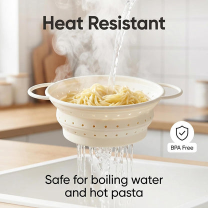 Collapsible Silicone Colander with Handles, Round Strainer with Stainless Steel Rim, Space Saving Kitchen Tool for Fruits & Vegetables,BPA-Free,Heat-Resistant Pasta Drainer(Gray, L)