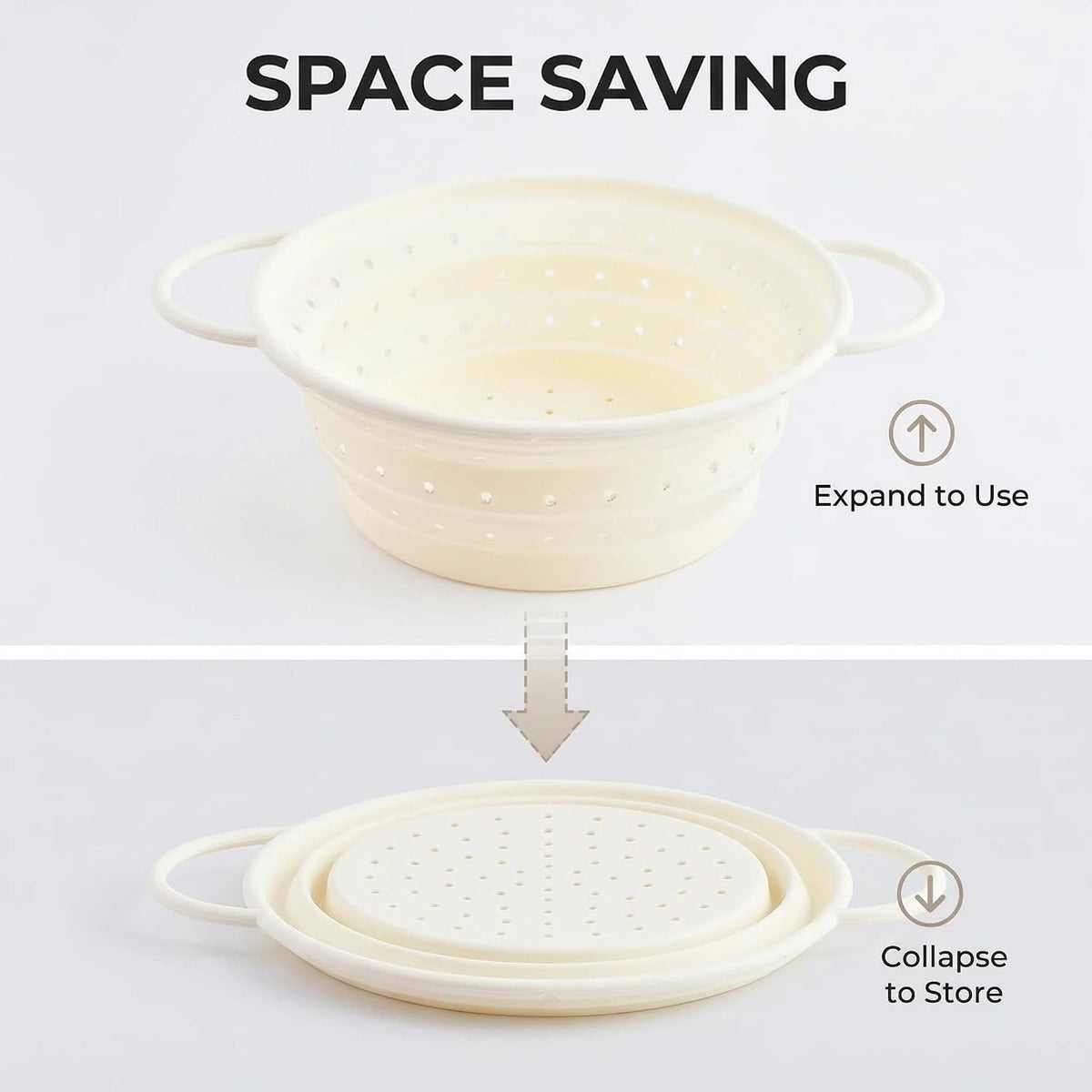 Collapsible Silicone Colander with Handles, Round Strainer with Stainless Steel Rim, Space Saving Kitchen Tool for Fruits & Vegetables,BPA-Free,Heat-Resistant Pasta Drainer(Gray, L)
