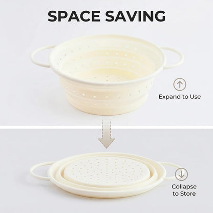 Collapsible Silicone Colander with Handles, Round Strainer with Stainless Steel Rim, Space Saving Kitchen Tool for Fruits & Vegetables,BPA-Free,Heat-Resistant Pasta Drainer(Gray, L)