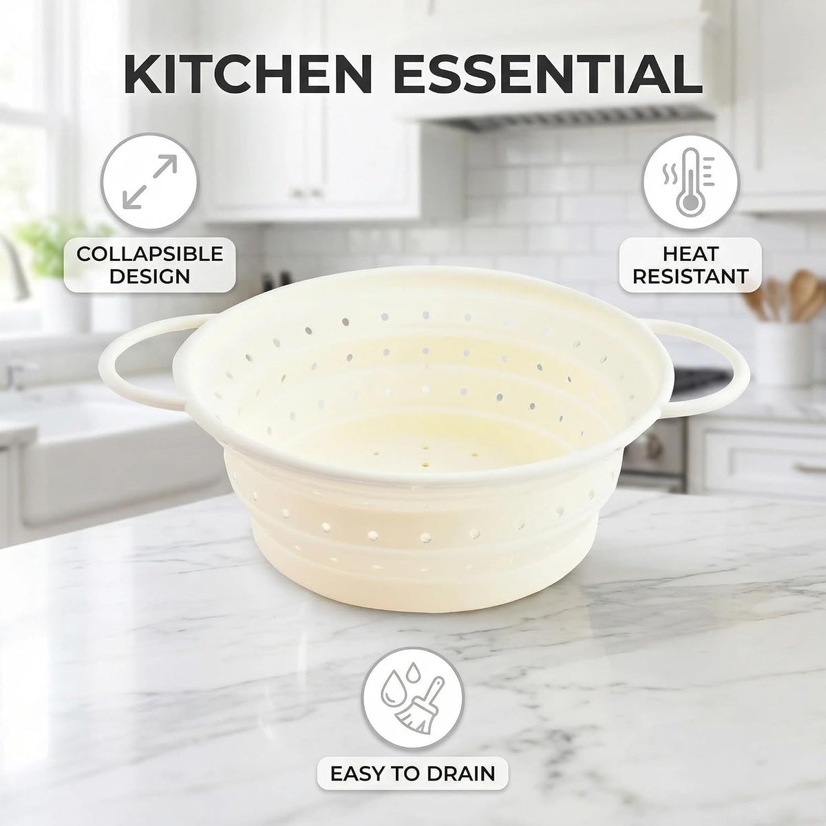 Collapsible Silicone Colander with Handles, Round Strainer with Stainless Steel Rim, Space Saving Kitchen Tool for Fruits & Vegetables,BPA-Free,Heat-Resistant Pasta Drainer(Gray, L)
