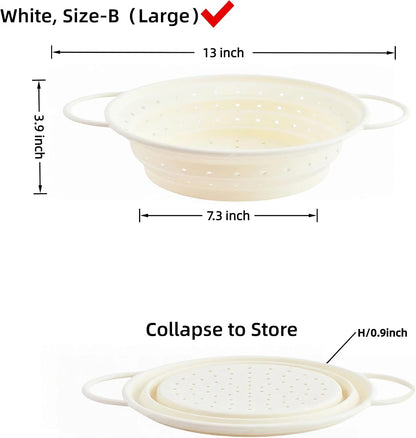 Collapsible Silicone Colander with Handles, Round Strainer with Stainless Steel Rim, Space Saving Kitchen Tool for Fruits & Vegetables,BPA-Free,Heat-Resistant Pasta Drainer(Gray, L)