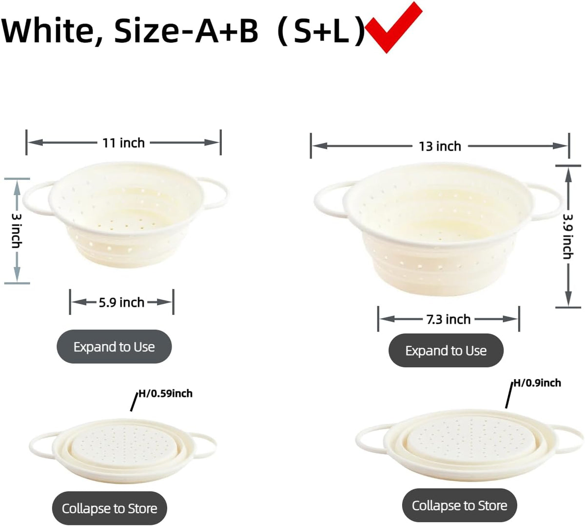 Collapsible Silicone Colander with Handles, Round Strainer with Stainless Steel Rim, Space Saving Kitchen Tool for Fruits & Vegetables,BPA-Free,Heat-Resistant Pasta Drainer(Gray, L)