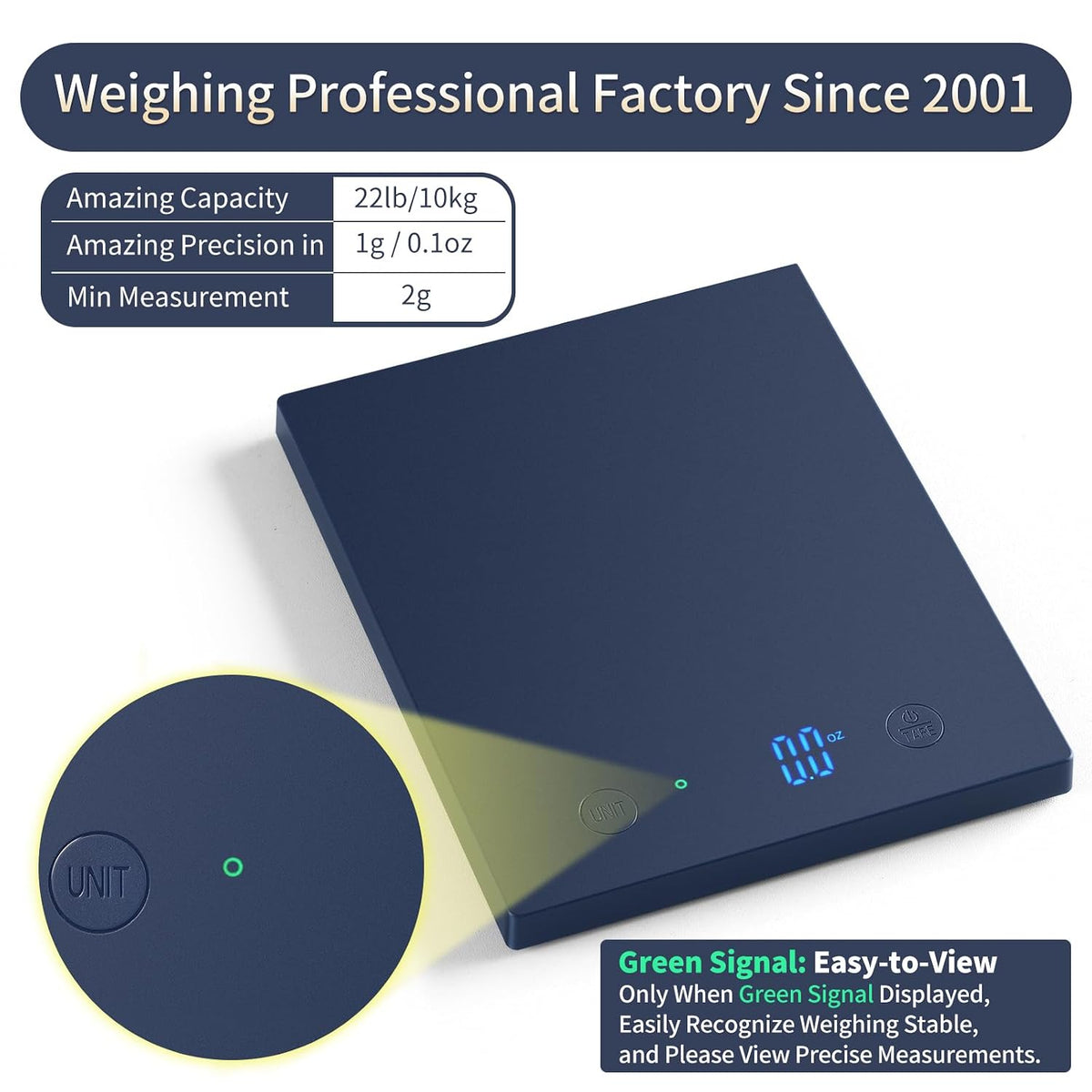 22lb/10kg Food Scale, Precision 0.1oz/1g by Our Professional Scale Factory Since 2001, Kitchen Scales Digital Weight Grams and Ounces for Cooking and Baking, LED, 3*AAA Batteries, Blue