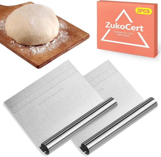 2-Pack Stainless Steel Bench Scraper – Durable Dough Cutter with Built-In Measuring Ruler (Multipurpose Tool for Pizza, Cake, Baking & Pastry Work, Easy to Clean)