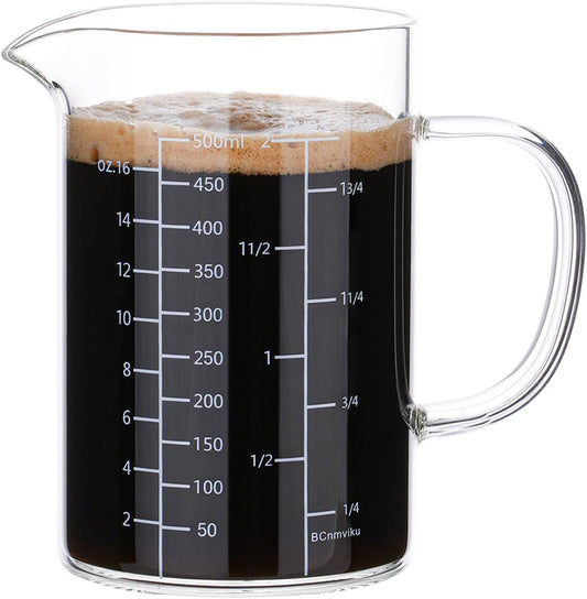 500ML 2 CUP Glass Measuring Cup With Handle, High Borosilicate Glass Three Scales (OZ, Cup, ML/CC for Kitchen or Restaurant Easy To Read