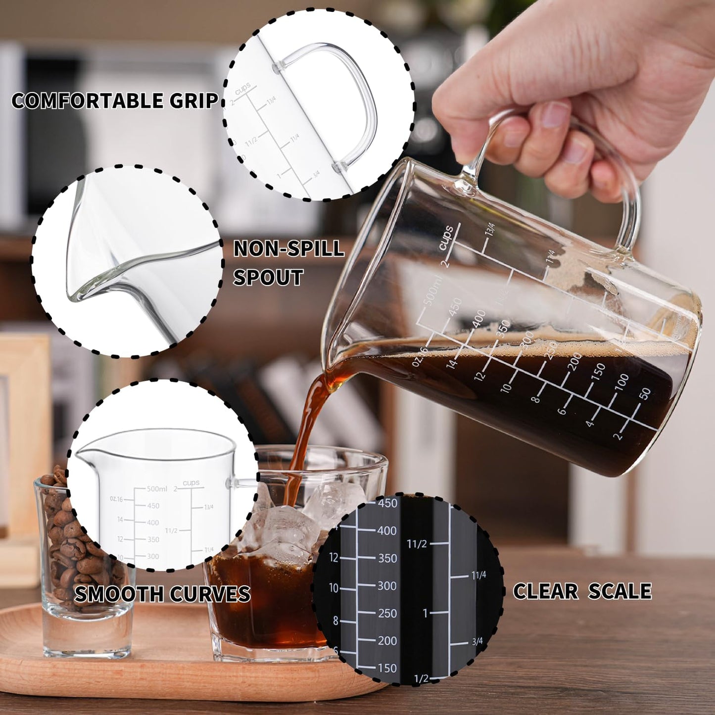 500ML 2 CUP Glass Measuring Cup With Handle, High Borosilicate Glass Three Scales (OZ, Cup, ML/CC for Kitchen or Restaurant Easy To Read