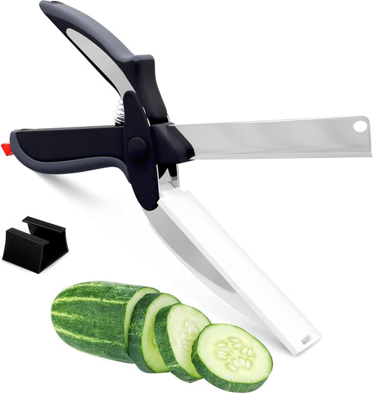2 in 1 Cutting Board Scissors for Food - 9.6" Detachable Cheese Scissors with Cutting Board and Stainless Steel Blade - Easy-to-Use Veggie Cutter with Safety Lock, Suitable for Fruits and Vegetables