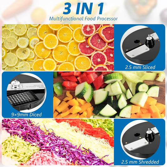 3 in 1 Electric Vegetable Chopper Slicer, Multifunctional Onion Chopper Food Dicer Shredder Processor, Automatic Veggie Fruit Cutting Dicing Machine with Stainless Steel Blades for Commercial Home Use