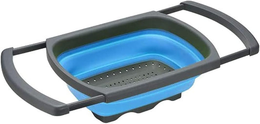 Silicone Collapsible Colander,Colander Strainer Over The Sink Vegetable/Fruit Colanders Strainers with Extendable Handles for Pasta Vegetables Fruits Blue