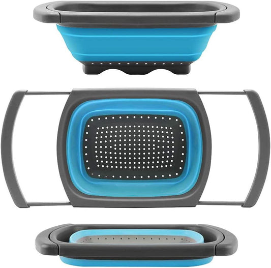 Silicone Collapsible Colander,Colander Strainer Over The Sink Vegetable/Fruit Colanders Strainers with Extendable Handles for Pasta Vegetables Fruits Blue