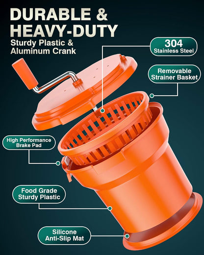 Commercial Salad Spinner - [6 Gallon Salad Dryer] w/Silicone [Anti-slip Mat] & [Draining Hose], 24Qt Manual Salad Spinner for up to 7 Heads of Lettuce Spinner Large for Catering, Orange