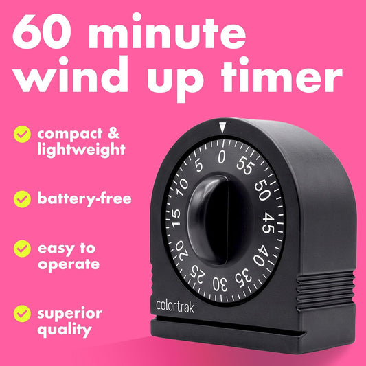 60 Minute Wind Up Timer, Salon Hair Color Processing Timer, Mechanical Visual Countdown for Chemical Services, Tanning, Kitchen, and Kids Activities, No Batteries Required, Black