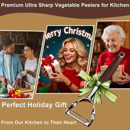 Premium Vegetable Peeler - Stainless Steel Serrated Y Potatoe Peeler for Veggie, Carrots, Apples - Ultra Sharp Swivel Blade Fruit Peeler with Ergonomic Natural Wood Handle