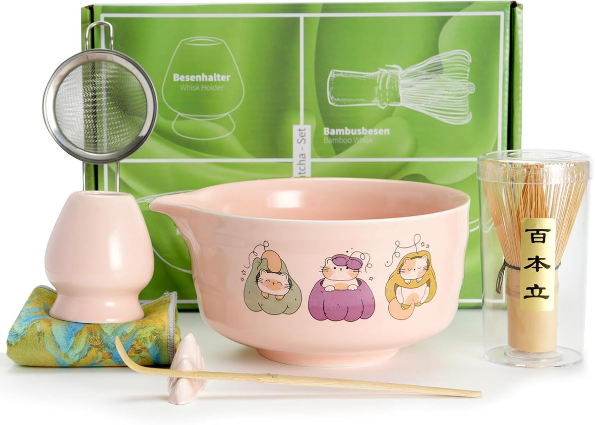Matcha Whisk Tea Set Kit Japanese Matcha Kit - Matcha Bowl, Matcha Whisk and Holder, Bamboo Scoop, Scoop Rest, Sifter and Tea Towel - for Tea Ceremony Breakfast Lattes - Home Kitchen Christmas(Pink)