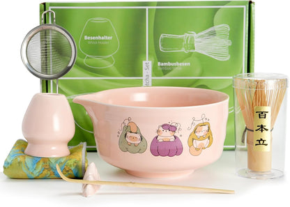 Matcha Whisk Tea Set Kit Japanese Matcha Kit - Matcha Bowl, Matcha Whisk and Holder, Bamboo Scoop, Scoop Rest, Sifter and Tea Towel - for Tea Ceremony Breakfast Lattes - Home Kitchen Christmas(Pink)