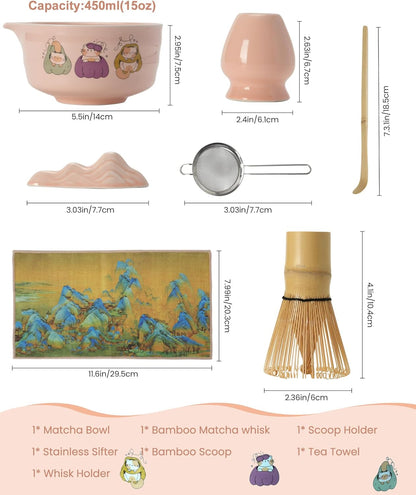 Matcha Whisk Tea Set Kit Japanese Matcha Kit - Matcha Bowl, Matcha Whisk and Holder, Bamboo Scoop, Scoop Rest, Sifter and Tea Towel - for Tea Ceremony Breakfast Lattes - Home Kitchen Christmas(Pink)