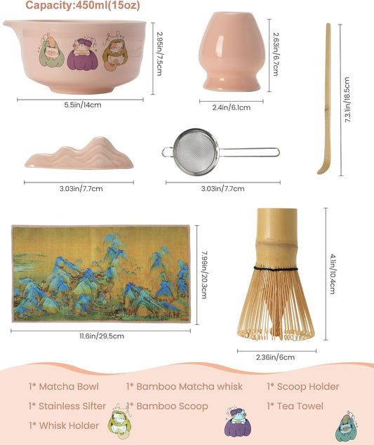 Matcha Whisk Tea Set Kit Japanese Matcha Kit - Matcha Bowl, Matcha Whisk and Holder, Bamboo Scoop, Scoop Rest, Sifter and Tea Towel - for Tea Ceremony Breakfast Lattes - Home Kitchen Christmas(Pink)
