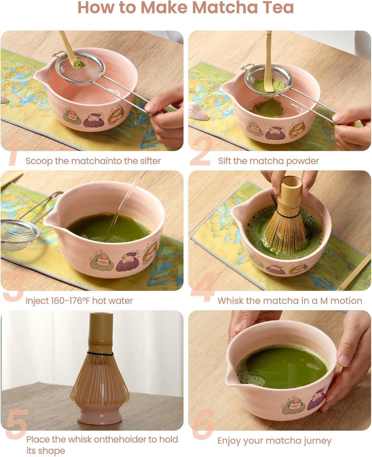 Matcha Whisk Tea Set Kit Japanese Matcha Kit - Matcha Bowl, Matcha Whisk and Holder, Bamboo Scoop, Scoop Rest, Sifter and Tea Towel - for Tea Ceremony Breakfast Lattes - Home Kitchen Christmas(Pink)