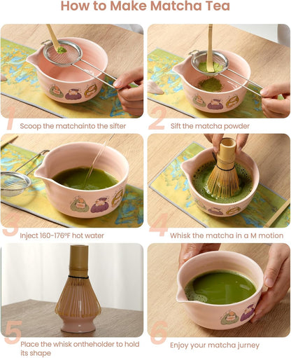 Matcha Whisk Tea Set Kit Japanese Matcha Kit - Matcha Bowl, Matcha Whisk and Holder, Bamboo Scoop, Scoop Rest, Sifter and Tea Towel - for Tea Ceremony Breakfast Lattes - Home Kitchen Christmas(Pink)