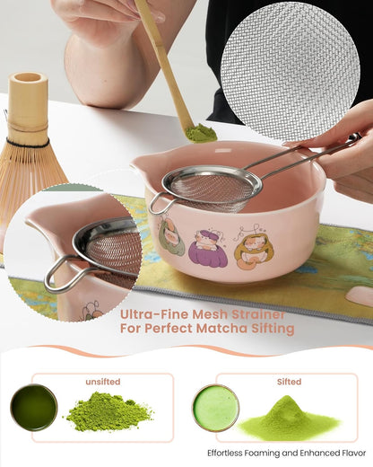 Matcha Whisk Tea Set Kit Japanese Matcha Kit - Matcha Bowl, Matcha Whisk and Holder, Bamboo Scoop, Scoop Rest, Sifter and Tea Towel - for Tea Ceremony Breakfast Lattes - Home Kitchen Christmas(Pink)