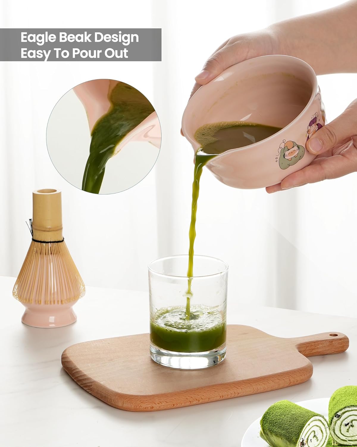 Matcha Whisk Tea Set Kit Japanese Matcha Kit - Matcha Bowl, Matcha Whisk and Holder, Bamboo Scoop, Scoop Rest, Sifter and Tea Towel - for Tea Ceremony Breakfast Lattes - Home Kitchen Christmas(Pink)